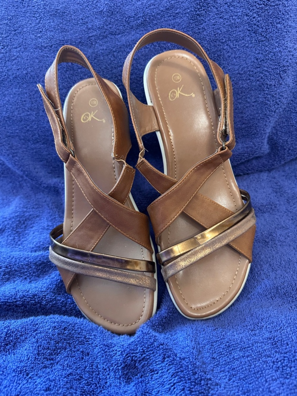 OK Brown Leather Slingback Sandals with Metallic Accent